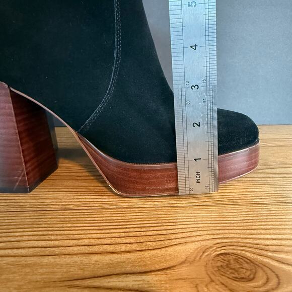 Marc Fisher Marisa Black Suede Chunky Wood Platform Block Heeled Bootie Boot 8.5 - Picture 13 of 14
